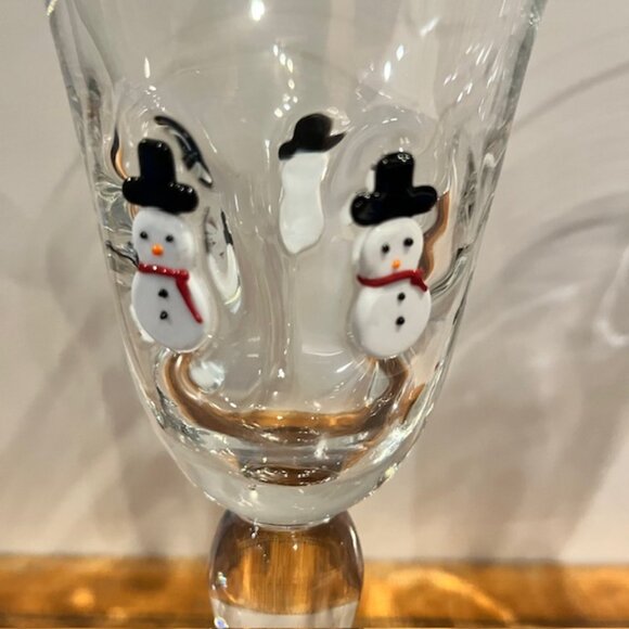 Set of (2) Crate & Barrel 8oz Blown Glass Fused Snowmen Santa Wine Goblet Glass - Picture 4 of 10